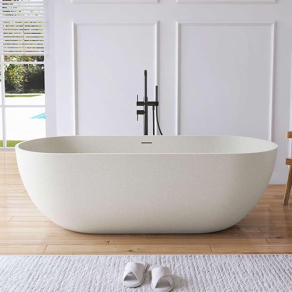Ariana 69 in. x 29.5 in. Stone Resin Solid Surface Freestanding Soaking Bathtub in Off White with Terrazzo Texture