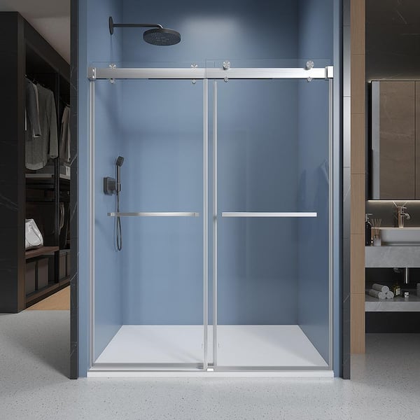 CKB 48 in. W x 76 in. H Double Sliding Frameless Shower Door in Brushed Nickelwith Clear 3/8 in. Glass and Soft-Closing
