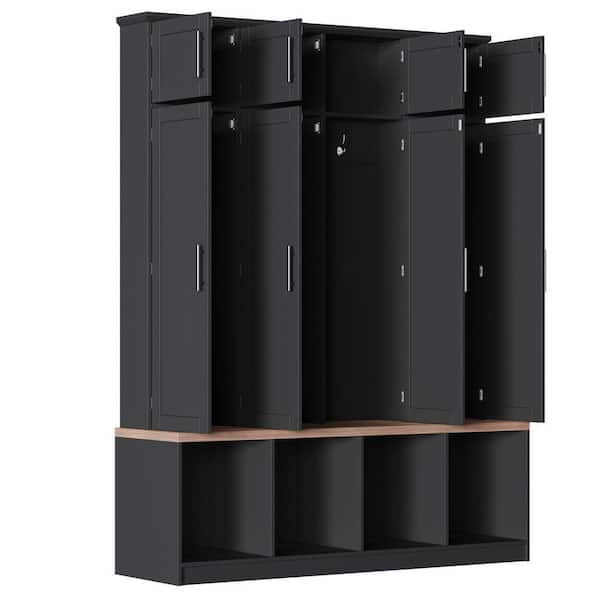 Nestfair Black 8-door Hall Tree with Walnut Seating Bench, Shoe