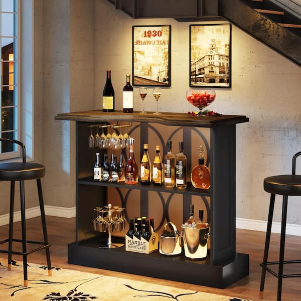 BYBLIGHT Kearsten Black 44.5 in. H Industrial Liquor Bar Table with Storage Shelf, Glasses Holder and Acrylic Front