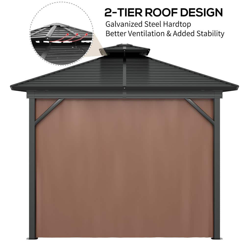 10' x 10' Dark Brown Metal Hardtop Gazebo with Mesh Sidewalls