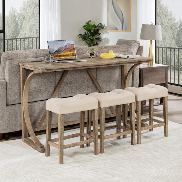 Brown 4-Piece Bar Table Set with Power Outlet Counter Height Dining Table Set w/3 Upholstered Stools Console Table