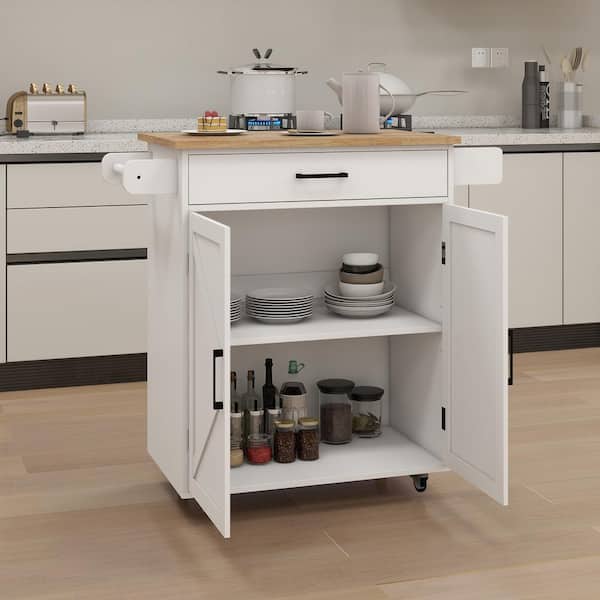 Coporesell White Rubber wood Kitchen Cart with Towel Rack and Spice Rack