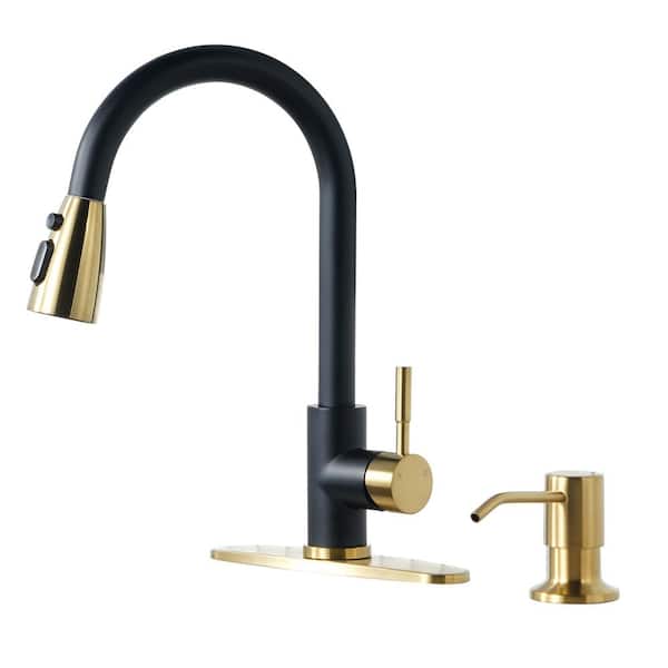 Stainless Steel Single Handle Pull Down Sprayer Kitchen Faucet with 3-Mode Spray, Soap Dispenser in Black and Gold