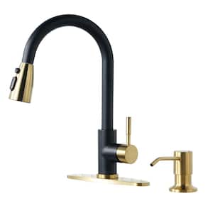 Single Handle Pull Out Sprayer Kitchen Faucet Deckplate and Soap Dispenser Included in Black and Gold