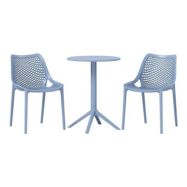 Frond&Form Outdoor Patio Modern HDPE Plastic 3-Piece Indoor/Outdoor Bistro Set w/ Stackable Chairs, French Blue