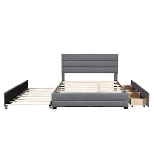 Gray Wood Frame Queen Upholstered Platform Bed with Trundle and Two Drawers