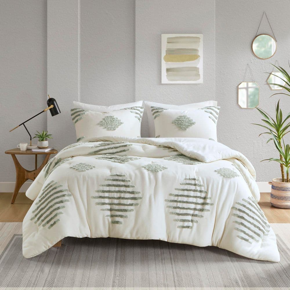 Ivory and Green Cotton Blend Chenille Full Comforter Set