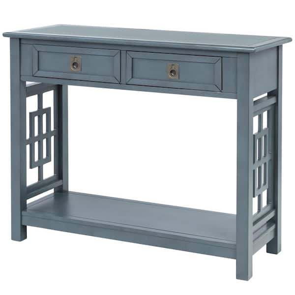 wetiny 36 in. Antique Navy Wood Console Table with 2-Drawers and Bottom Shelf, Entryway Accent Sofa Table