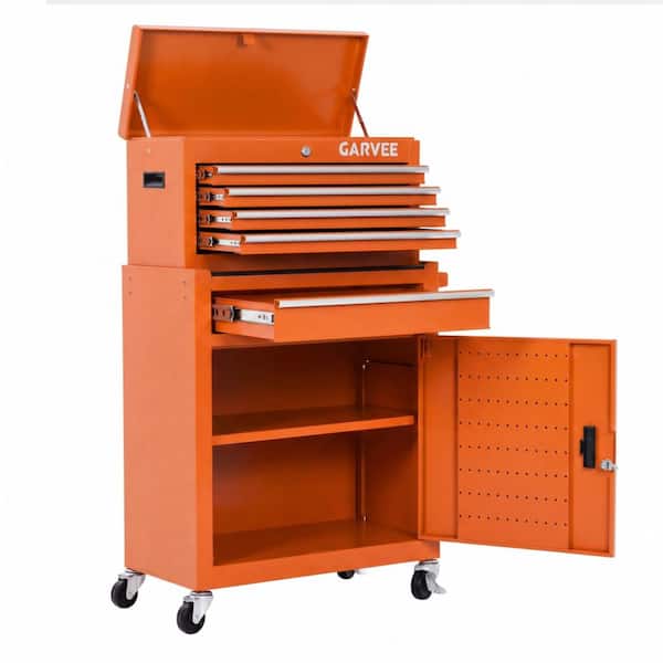 5‑Drawer 2‑in‑1 Lockable Rolling Tool Chest, Metal Tool Box Cart with Casters for Garage Workshop, Orange