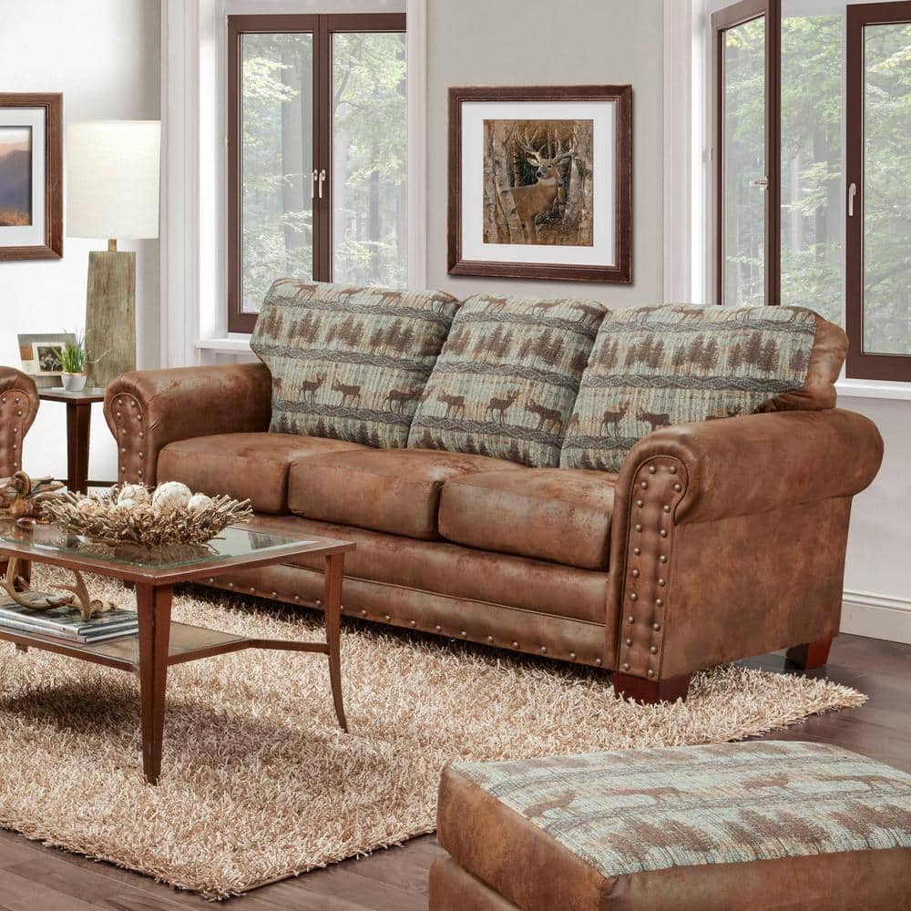 Brown Microfiber and Wood Sofa with Deer Tapestry