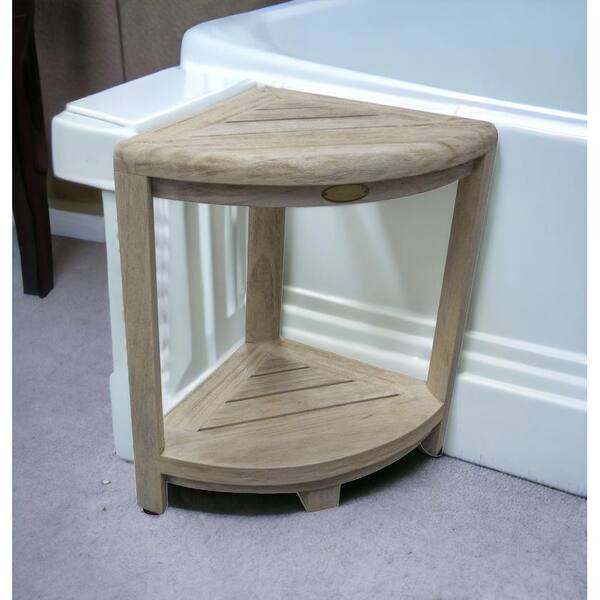 Compact Teak Corner Shower Stool with Shelf in Whitewash Finish Compact Teak Corner Shower Stool with Shelf in Whitewash Finish