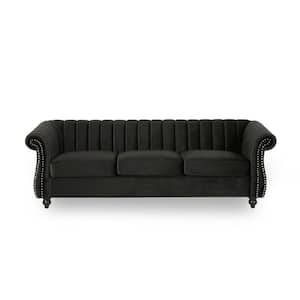 Bowie 84 in. Black Solid Velvet 3 Seats Chesterfield Sofa with Removable Cushions