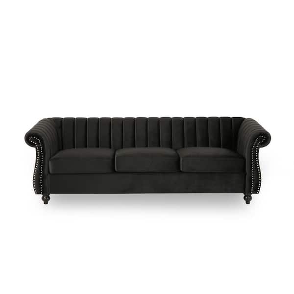Noble House Bowie 84 in. Black Solid Velvet 3 Seats Chesterfield Sofa with Removable Cushions