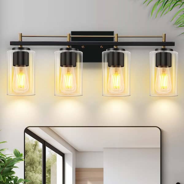 GMGSROM 23.6 in. 4-Light Matte Black and Gold Modern Vanity Light with Clear Glass Shade