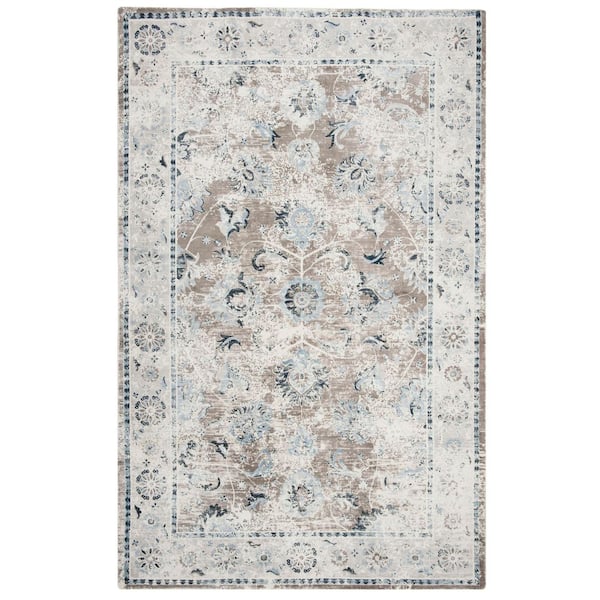 Mirage 6 ft. x 9 ft. Blue/Charcoal Distressed Floral Border Area Rug