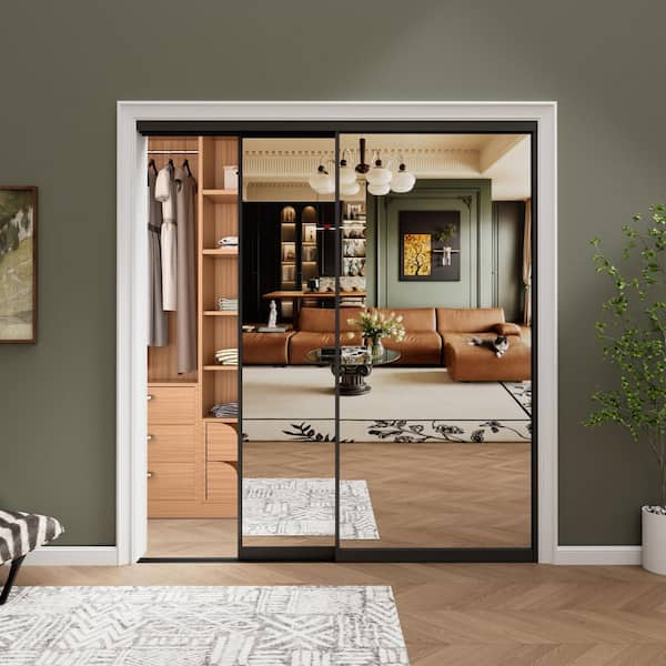 60 in. x 80 in. 1-Lite Black Mirrored Glass and Aluminum Frame Finished Closet Sliding Door with Hardware Kit