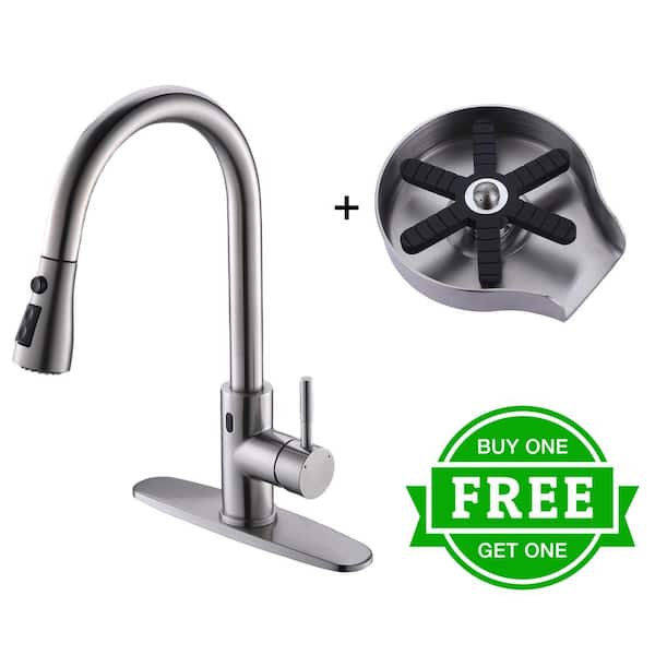 BWE Single Handle Pull-Down Sprayer Kitchen Faucet Bundle Glass Rinser in Brushed Nickel