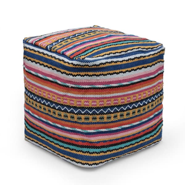 Noble House Rawson Orange, Navy, and Multi-White Peruvian Print Cube Pouf