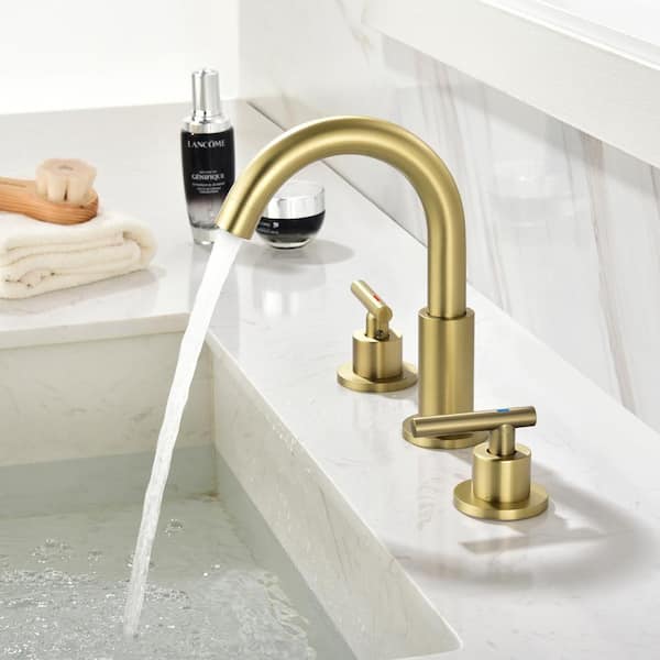 Dowell 8 in. Widespread 2-Handle High-Arc Bathroom Faucet with Pop-up Drain in Brushed Gold