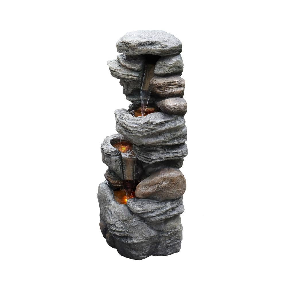 Teamson Home Gray 4-Tier Faux Stone Water Fountain with LED Lights