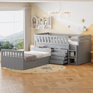 Gray Space-Saving L-Shaped Twin Size Loft Bed and Twin Size Platform Bed with 7-Drawer, Full Guardrails