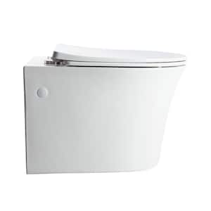 One-Piece Wall Hung Toilet 0.8/1.6 GPF Dual Flush Elongated Toilet with Soft Close Toilet Seat in Glossy White