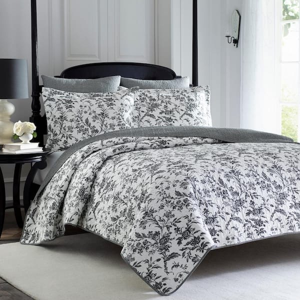 Laura Ashley Amberley 2-Piece Black and White Floral Cotton Twin Quilt Set