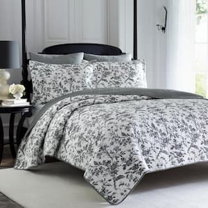 Amberley 3-Piece Black and White Floral Cotton Full/Queen Quilt Set