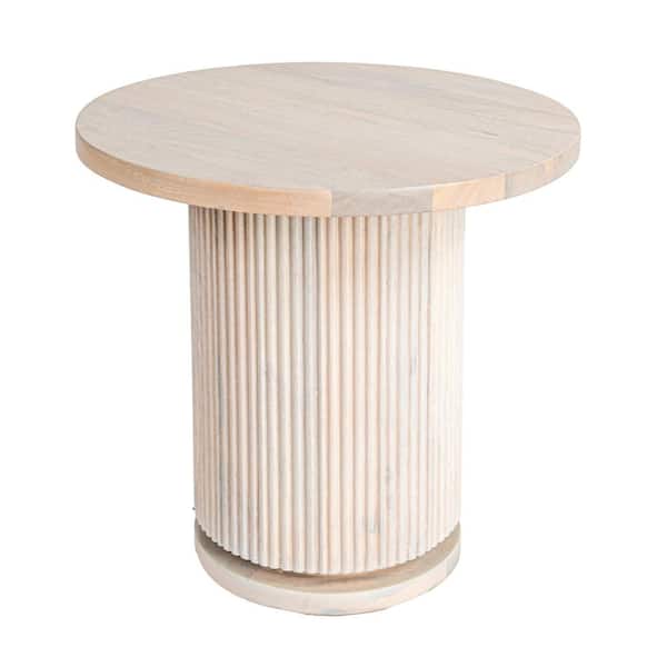 Storied Home Octavia 20 in. Natural Bleached Round Mango Wood Pedestal End Table with Ribbed Base