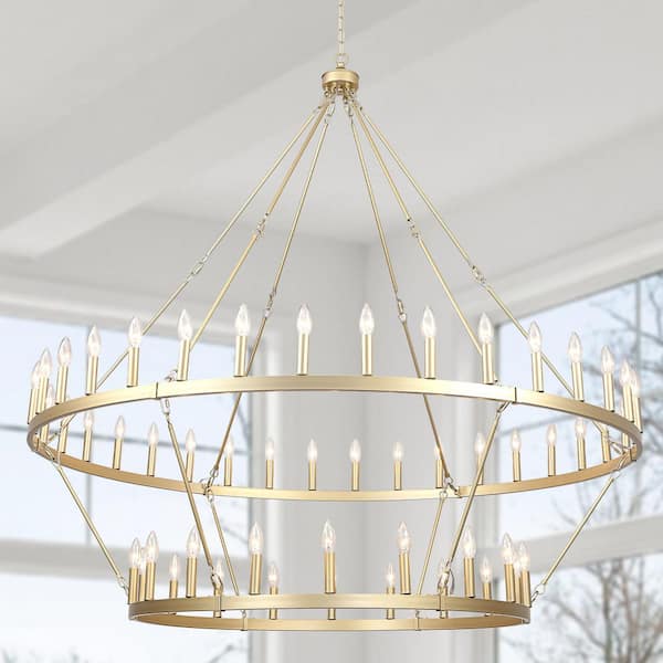 60 in. 54-Light Gold Modern Wagon Wheel Chandelier 2 Tier Extra Large High Ceiling Light for Kitchen Foyer Cafe Bar