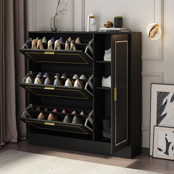 47.2 in. H x 47.2 in. W Black Wood Shoe Storage Cabinet with golden texture, 3-Drawers and Cabinet up for 21-Pairs