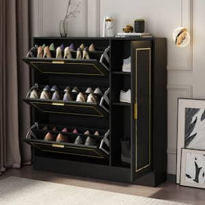 47.2 in. H x 47.2 in. W Black Wood Shoe Storage Cabinet with golden texture, 3-Drawers and Cabinet up for 21-Pairs