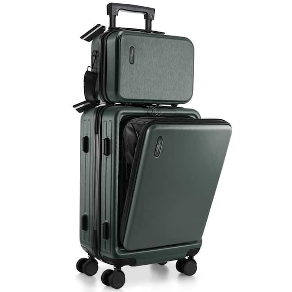 2-Piece Green Hard Carry-On Weekender Luggage Set Expandable Spinner Airline Approved Suitcase Exterior USB port