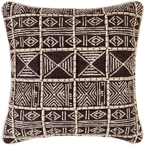 Jazari Dark Brown Block Printed/Hand Embroidered Polyester Fill 20 in. x 20 in. Decorative Pillow