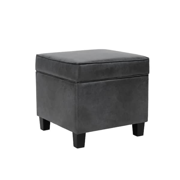 Benjara Pyp Dark Gray and Black Faux Leather Square Storage Ottoman