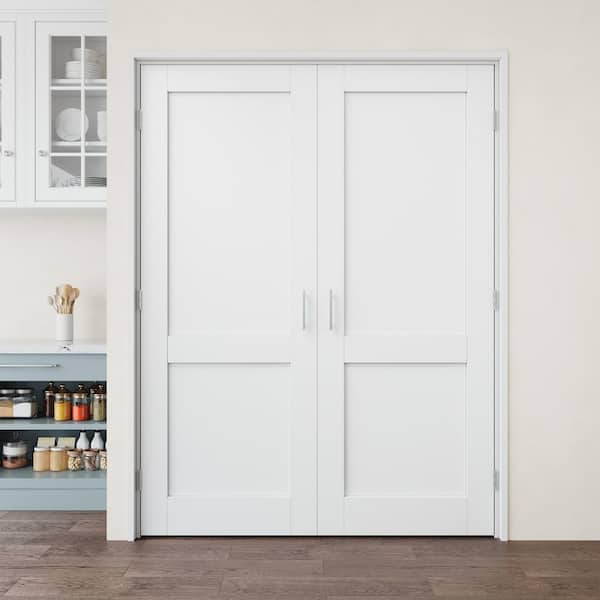 56 in. x 80 in. (Double 28 in.) French Door 2 Panels White Solid Core Wood Bi-fold Door With Ball Catch