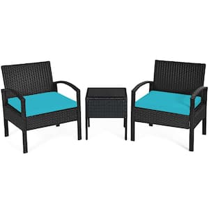 3-Pieces Rattan Patio Wicker Conversation Furniture Set Outdoor Yard with Turquoise Cushions
