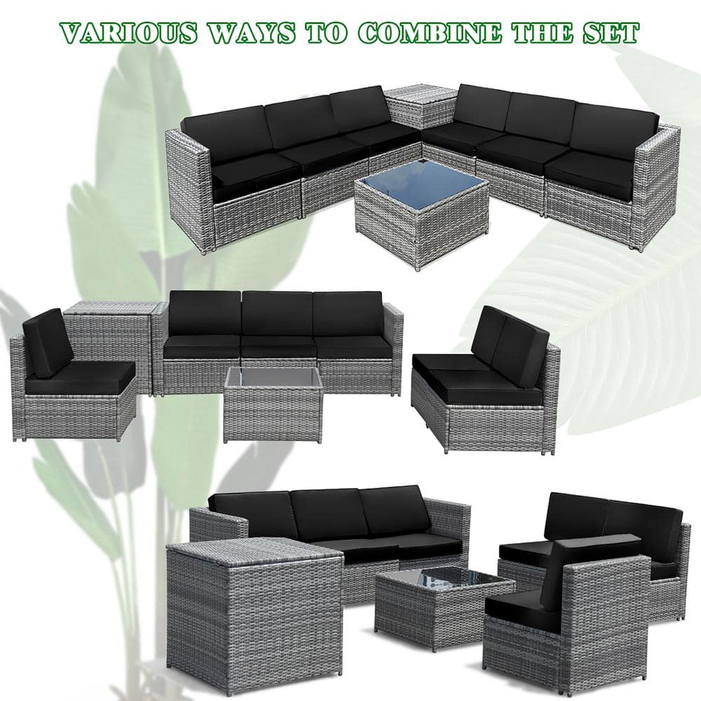 6-Piece Black Wicker Rattan Outdoor Sofa Set with Storage Table