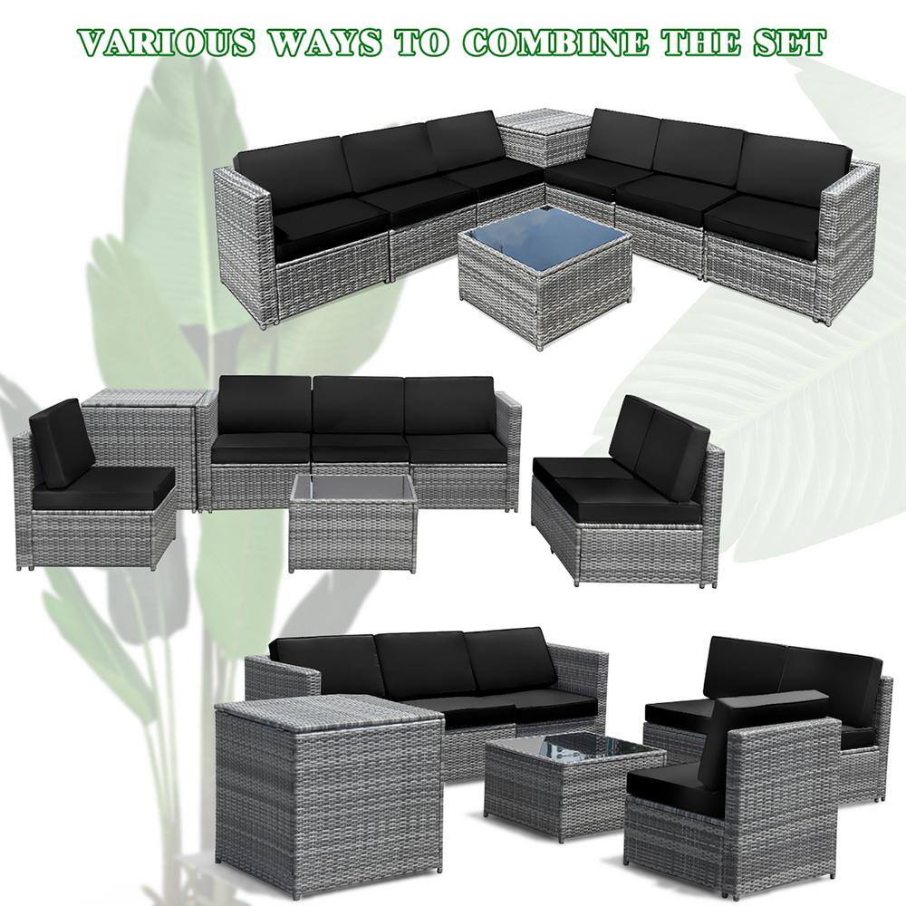6-Piece Black Wicker Rattan Outdoor Sofa Set with Storage Table
