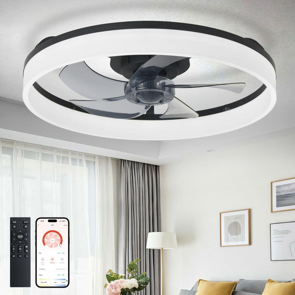 20 in. Black Small Fan Flush Mount Caged Modern Ceiling Fan Light for Bedroom Indoor Included APP Remote DC Motor price history on PriceWatchPro