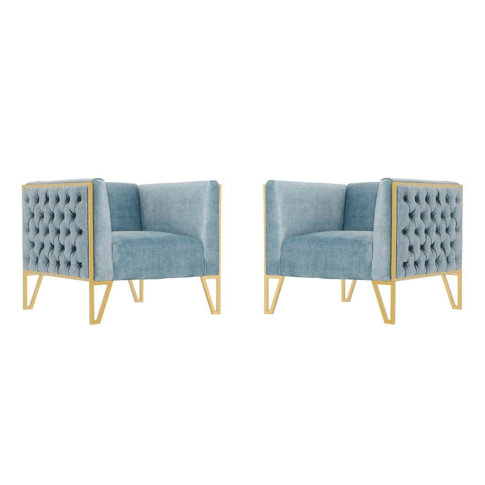 Ocean Blue Velvet Barrel Accent Chair with Geometric Metal Base