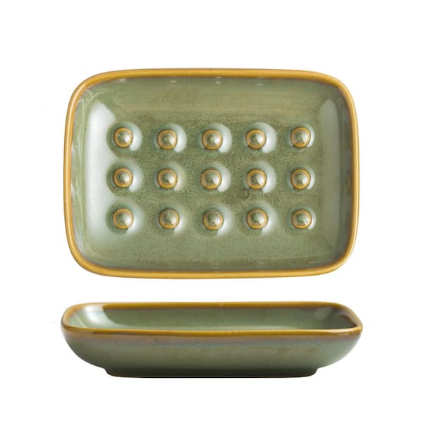 Ceramic Soap Holder Shower Soap Dish for Bar Soap Sponge, Soap Saver Tray for Bathroom in Green
