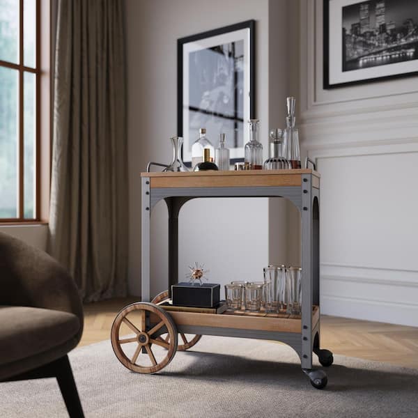 northbeam Rustic Entertainer Bar Serving Cart, Acacia Wood, 36.4 in. x 37 in. x 16.14 in. Brown