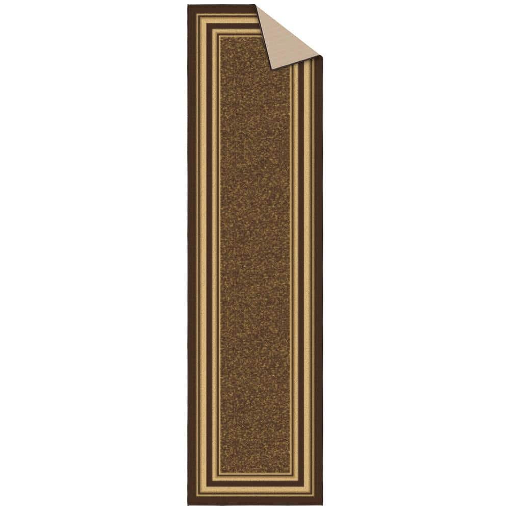 Brown and Beige Bordered Runner Rug with Non-Slip Backing