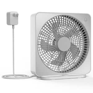 10 in.3 Speed Grey White Small Box Fan, Powered by AC Adapter, Window Fan for Bedroom Bathroom Kitchen