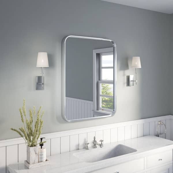 28 in. W x 36 in. H Rectangular Aluminum Framed Wall Bathroom Vanity Wall Mount Mirror in Silver