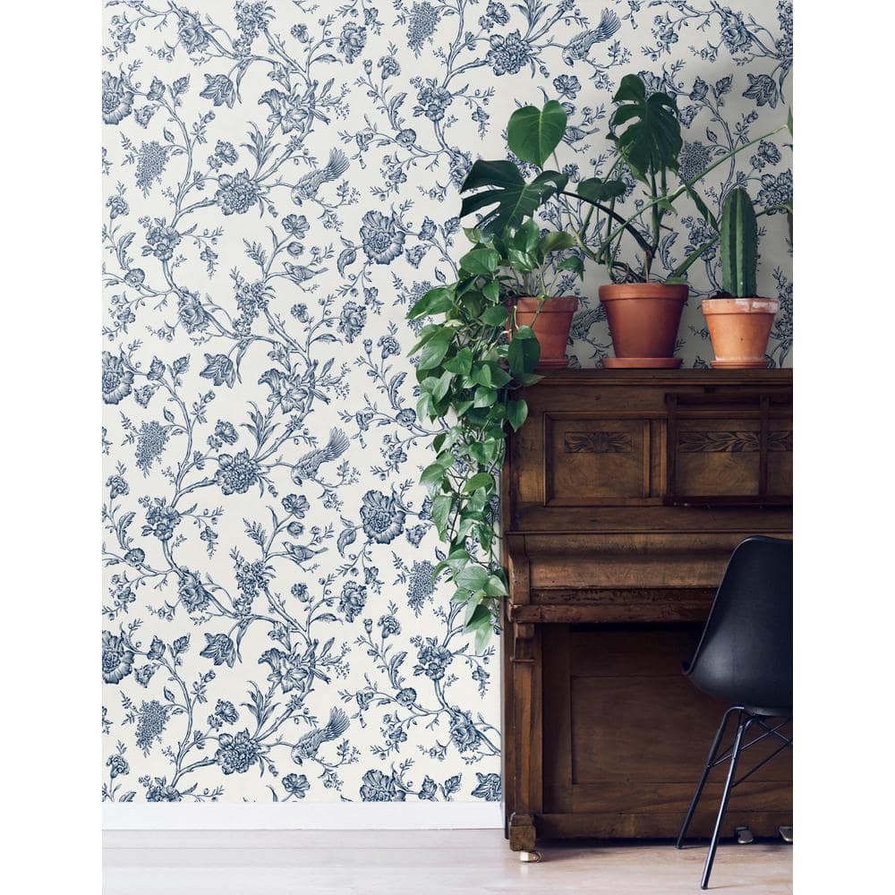 Navy Blue Floral Chinoiserie Peel and Stick Vinyl Wallpaper