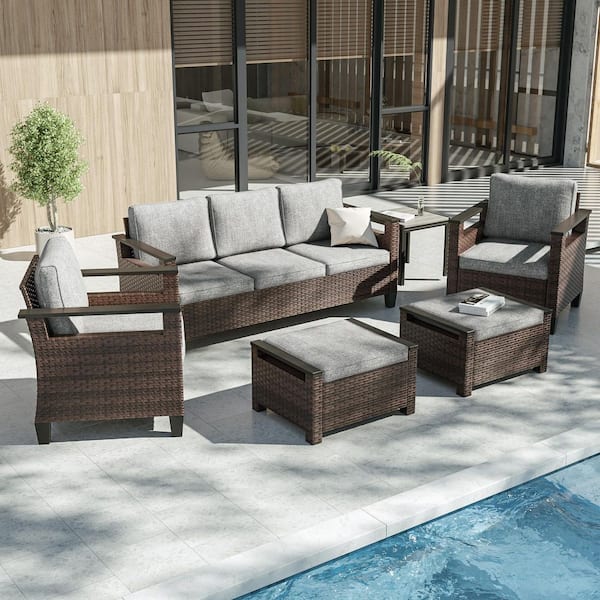 JOYESERY 6-Pieces Patio Conversation Set with Side Table Wide Armrests Sofa Brown PE Wicker with Linen Grey Cushions