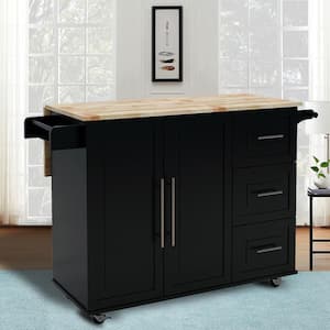 43.7 in. W Modern Black Solid Wood Table Top Kitchen Island with Spice Rack and Towel Rack